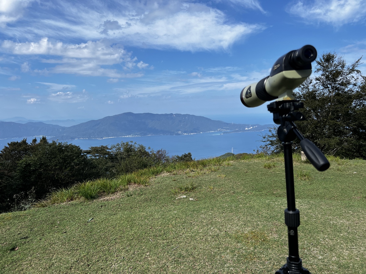 鉢伏山頂上から敦賀湾を見下ろした風景。今日はハイタカが海沿いを飛んでいました