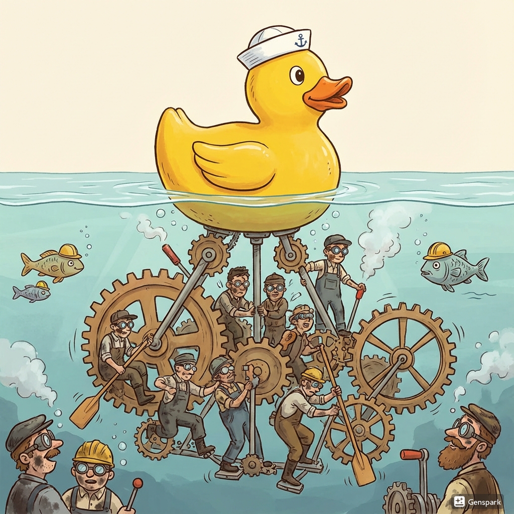 水面を静かに泳ぐビニールアヒルは、エンジニアが滑らかに回していた！？